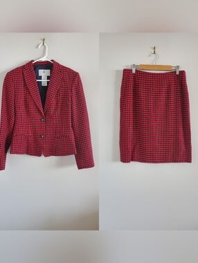 Vintage devonshire cream dc Wool Jacket Skirt Set Black Red Gingham Floral 6